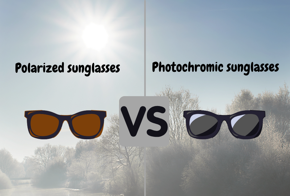 Graphic comparing polarized versus photochromic sunglasses with sunny winter backdrop.